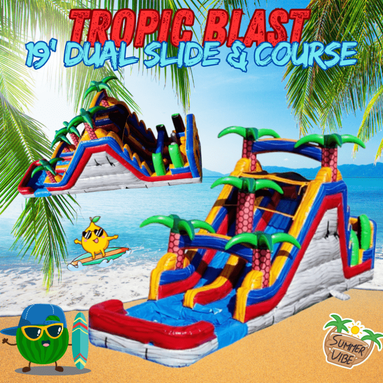 Tropic Blast Dual 19' H Slide w/pool and Obstacle Course Tropic Blast Dual 19' H Slide w/pool and Obstacle Course
